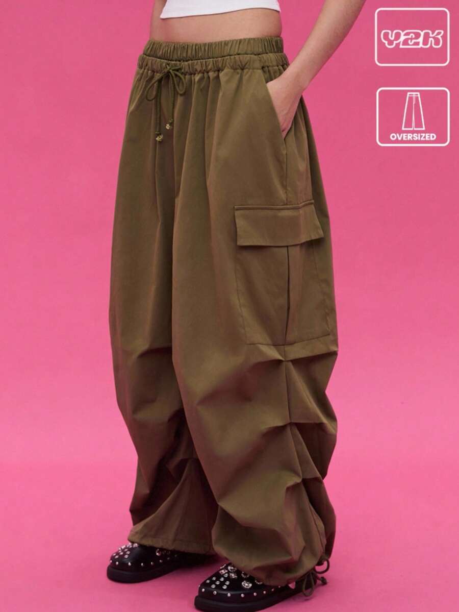 COUREZ Quần cargo ống rộng cạp thấp kiểu dù / Trang phục đi chơi phong cách Y2K mùa thu, quần áo nữ mùa thu, quần áo mùa đông dễ thương cho nữ, quần cargo - xanh quân đội - Xem 1