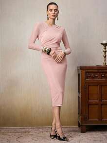 Modelyn 女士优雅纯色修身中长连衣裙，适合通勤 - 粉色 - 查看 6