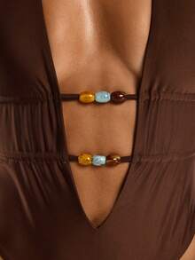 Oceva 1pc Women's Sexy Deep V-Neck Backless Beaded Camisole, Blue & Brown, Suitable For Beach, Party, Vacation, Ins Style - Brown - View 4