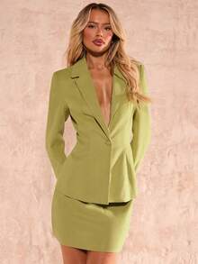 SHEIN Glamour 女士棕色收腰翻领西装外套搭配铅笔裙套装，优雅通勤百搭办公室外出套装，女士棕色套装，女士裙装套装 - 綠色 - 查看 4