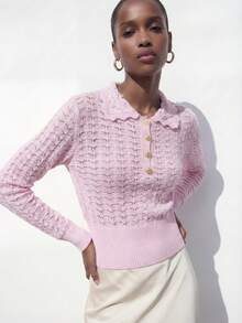 Maija Valentine's Day Pink Long Sleeve Semi-Sheer Crochet Knit Sweater Spring Women Holidays For Women - Pink - View 7