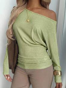 Aloruh Camiseta de manga larga con hombros oblicuos de estilo casual y retro americano para mujer, otoño/invierno - Verde Oliva - Ver 4