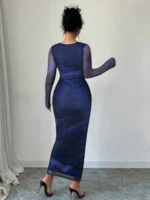 Firerie 女士优雅长袖扎染印花褶皱连衣裙，扎染印花长袖修身优雅连衣裙，不对称领长袖优雅约会连衣裙，网纱弹力面料 - 藏蓝色 - 查看 2