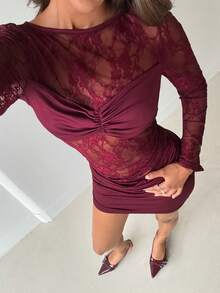 Aloruh Women's Elegant Round Neck Lace Patchwork Top And High Waist Mini Skirt 2 Piece Set,Valentine Outfits For Women,Party Sets For Women - Burgundy - View 6
