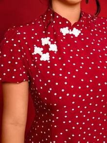 Elenzga Đầm chấm bi cỡ lớn, cài cúc phía trước, thích hợp cho Ngày Valentine. - Đỏ và trắng - Xem 3