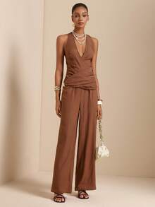 Lyxana Women's Halter Neck Metal Decor Long Jumpsuit - Mocha Brown - View 1