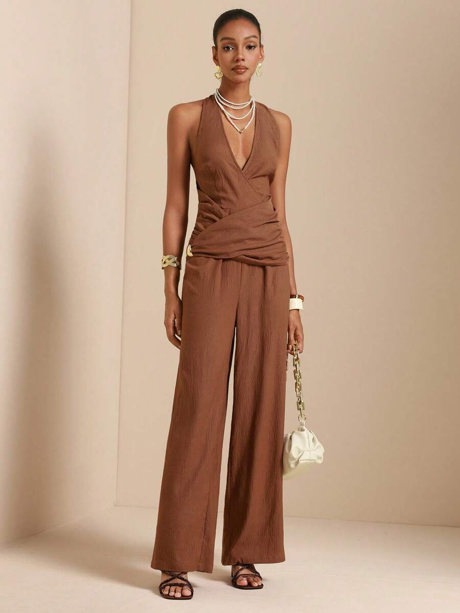Lyxana Women's Halter Neck Metal Decor Long Jumpsuit - Mocha Brown - View 1