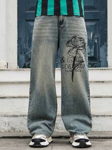 GALLERY FADE Men's Retro American Street Style Distressed Graffiti Print Denim Jeans Baggy Jeans Men Baggy Jeans Streetwear Men Wide Leg Jeans, Perfect Holiday Gift For Boyfriend & Husband