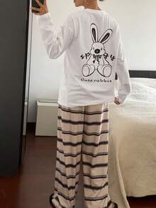 DAZY 2pcs Women Rabbit & English Text Graphic Loose Long Sleeve Striped Pants Pajama Set - White - View 2