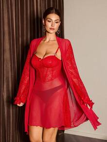 Slumberist 3D Floral Lace Contrast Mesh Camisole Nightgown With Robe, Women Sleepwear Set Red Lingerie Set Mesh Robe Red Nightgown Sexy 2 Piece Nightgown Lingerie With A Robe - Red - View 2