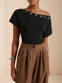Lyxana Damen-T-Shirt mit asymmetrischem Schulterdekor, einfarbig, Cut-Out - Schwarz - Übersicht 3