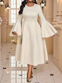 Fleurora Váy suông tay loe màu mơ cỡ lớn cho nữ, thắt eo, thường ngày - Màu be - Xem 3