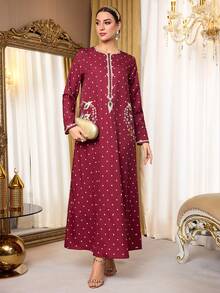 Al Najma Style Polka Dot Burgundy Elegant Party Maxi Dress & Traditional Arabic Long Robe For Women - Burgundy - View 3