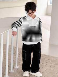 SHEIN Little Byeori 两件套男童黑白条纹半拉链卫衣，保暖舒适，适合户外、上学、日常穿着，秋冬季节适用。 - 黑與白 - 查看 7