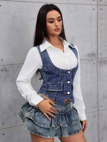 SHEIN Tall Women's Casual Denim Vest - Blue - View 1