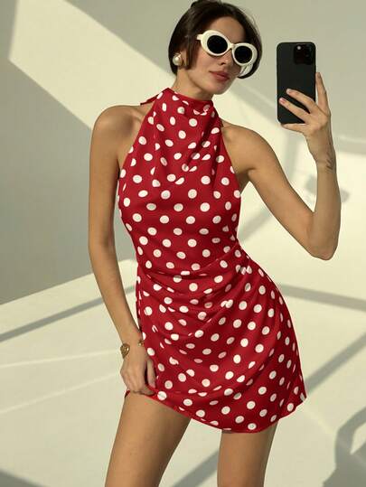 Aloruh Minimalist Commuter Neck Tie Backless Bodycon Ruched White Polka Dot Women Mini Dress
