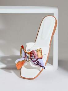 SHUZIA Sandal đế bằng nữ thanh lịch trang trí ruy băng - trắng - Xem 7