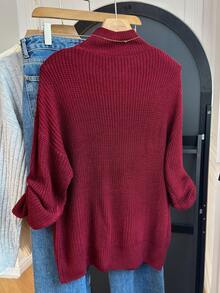SHEIN LUNE Femmes Tricot ample à col montant, épaules tombantes, couleur unie, décontracté, pour tous les jours et les trajets, automne/hiver - Rouge foncé - Voir 2