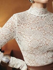 Anewsta 女士秋冬蕾丝玫瑰镂空荷叶边下摆杏色休闲/工作高领修身T恤，适合新年、圣诞节、情人节等场合 - 杏色 - 查看 2