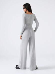 LYSMO 女士罗纹宽松船领上衣和阔腿裤套装 - 灰色 - 查看 2