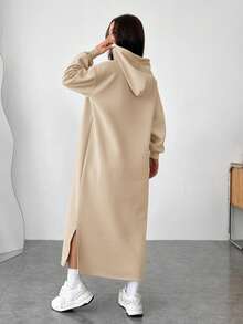 SHEIN EZwear Áo nỉ dài tay có mũ, xẻ tà bên hông, chất liệu kaki, kiểu dáng thường ngày, thích hợp cho mùa thu. - Màu Khaki - Xem 2