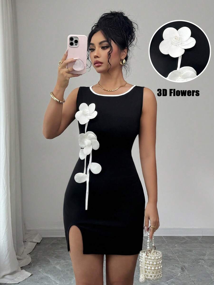 Rafferiza Đầm ngắn nữ không tay cổ tròn họa tiết hoa 3D, thắt eo, xẻ tà bên hông. - màu đen - Xem 1