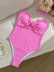 Swim Mod Đồ bơi nữ thời trang và dễ thương, váy xếp ly kẻ caro kiểu cổ yếm, chất liệu vải đặc biệt, thích hợp cho nghỉ dưỡng, tiệc tùng, du thuyền, mùa xuân/hè. - Màu Hồng Tươi - Xem 3