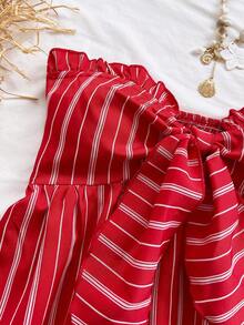 Soleia 女士条纹印花荷叶边下摆扭结前襟无袖露脐上衣和休闲短裤两件套，适合派对、海滩、度假等场合。 - 紅色 - 查看 6