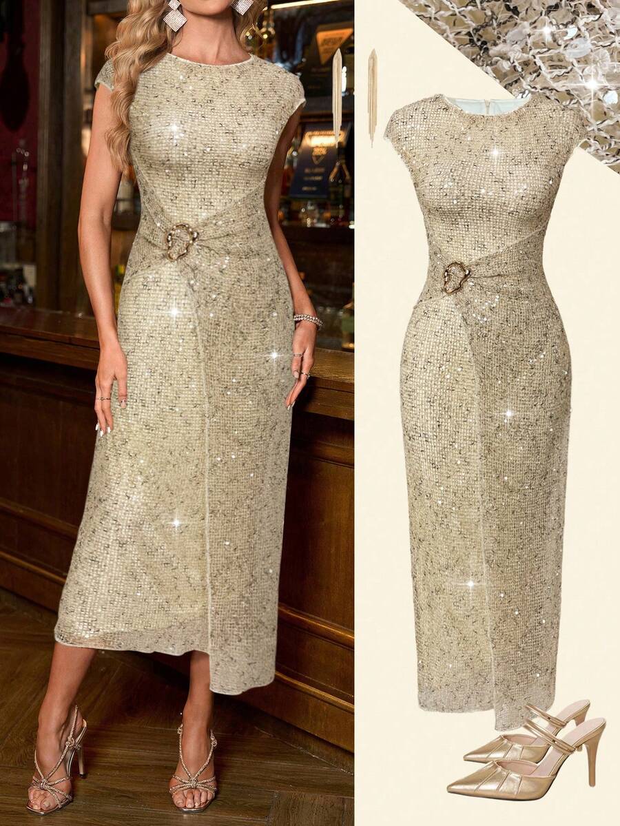 Ellevyn Đầm ôm dáng thời trang màu mơ hè, chất liệu chiffon bóng mượt, cổ tròn, tay ngắn, đính kim loại, dành cho nữ. - Màu be - Xem 1