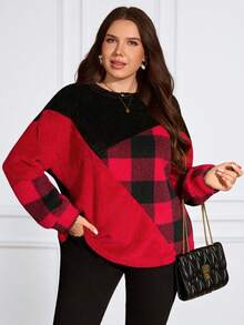 EMERY ROSE Sweatshirt Wanita Ukuran Besar Motif Kotak-kotak Merah & Hitam, Pullover untuk Musim Gugur/Dingin, Model Baru 2025, Tahun Baru, Nyaman untuk Musim Gugur dan Musim Dingin - MultiWarna - View 4