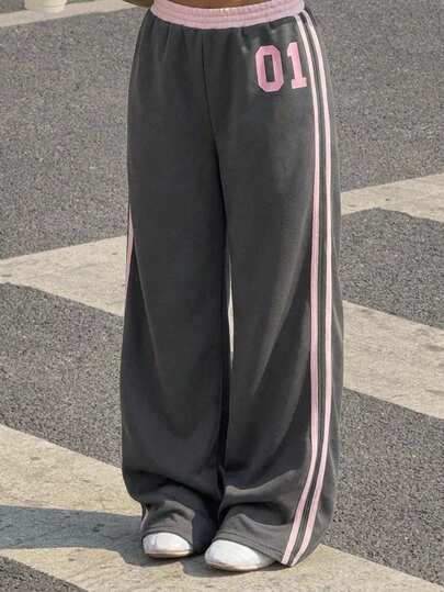 SHEIN Tween Girls Back To School Contrast Color Elastic Waist Drawstring Numeric Print Loose Straight Leg Casual Pants, Versatile & Fashionable