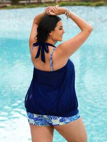Swim Lushoire 2pcs Plus Size Women Halter Neck Printed Tankini Swimsuit Set - Multicolor - View 3