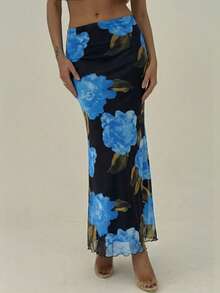 Aloruh New Floral Print Elastic Mesh Skirt, Romantic Orange Big Floral Holiday & Date Skirt - Multicolor - View 4