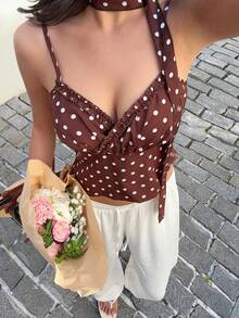 Sunnyshic 2件装棕色波点V领荷叶边收腰修身吊带背心，带系带，适合女性，春夏，时尚，通勤，度假，复古，优雅，甜美，可爱，约会，简约，百搭 - 棕色 - 查看 1