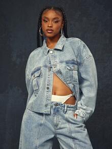 Denimoi Raw Hem Cropped Denim Jacket Fashionable Denim On Denim - Light Wash - View 3