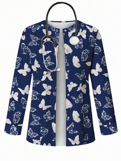 PopScrub Women's Casual Butterfly Silhouette Print Lightweight Cardigan Jacket, Suitable For Spring/Summer Nursing/ Uniforms