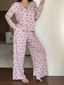 DAZY 两件套女士针织蝴蝶结印花宽松开衫长袖和裤子睡衣套装 - 粉色 - 查看 3