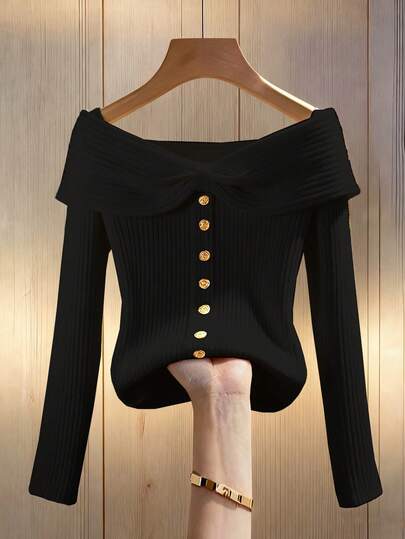 Franclia 女士纯色杏色针织弹力修身罗纹领蝴蝶结纽扣装饰长袖露肩T恤，休闲法式优雅杏色上衣，秋冬季百搭日常款