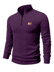 Manfinity Homme 男士休闲日常拼接细节立领长袖T恤，秋季深紫色衬衫，男士服装在线保暖内衣，男士紫色高领衫，紫色男装，复古风格，日常休闲，周末旅行，户外活动，探险旅行，轻松的工作环境或半正式场合，男友/丈夫礼物，周年纪念/生日礼物，派对，夏季，新年，婚礼，情人节 - 紫羅蘭色 - 查看 5