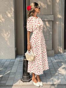 SHEIN PariChic Women's Round Neck Puff Sleeve Polka Dot Fashionable Summer Dress Elegant Floral Dress Women - White - View 4