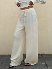 Muchica Women's Casual Apricot Knit Tie-Waist Wide Leg Pants - Apricot - View 3