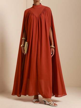 SHEIN Veneréa 女士优雅复古飘逸斗篷式长款连衣裙，高领V领设计，宽松版型