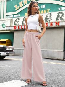 SHEIN Unity Women's Casual Solid Color Basic Pocket Wide Leg Pants - Baby Pink - View 4