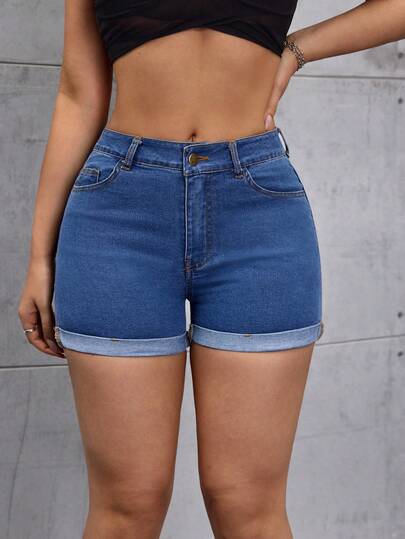 SHEIN Tall Women's Casual Rolled Hem Pocket Denim Shorts