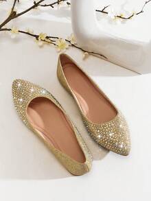 SHUZIA Women's Point Toe Full Rhinestone Glitter Champagne Flat–Shimmering, Elegant & Wedding-Ready