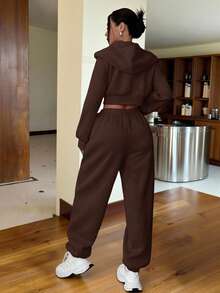 SHEIN EZwear Bộ đồ thể thao nữ thường ngày đơn giản, màu trơn, tay rớt, có khóa kéo, gồm áo hoodie và quần dài, màu nâu, thích hợp cho việc đi làm. Bộ 2 món, đồ mặc nhà, bộ đồ thể thao nữ. - màu nâu - Xem 2