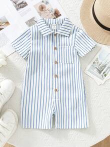 SHEIN Baby Boy Casual Striped Button-Front Pocket Short Sleeve Romper, Summer - Baby Blue - View 1