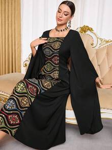 Al Najma Women's Floral Embroidered Square Neck Flare Sleeve Elegant Arabic Style Dress - Black - View 7