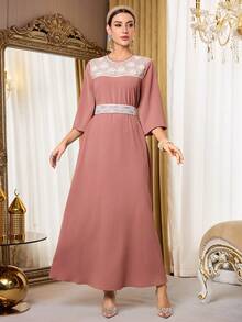 Al Najma Style Elegant 3D Floral Decor Arabic Dress For Women - Brown - View 4