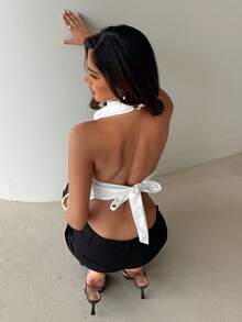 Aloruh Women's Solid White High Neck Backless Tie-Up Asymmetric Design Blouse - White - View 2